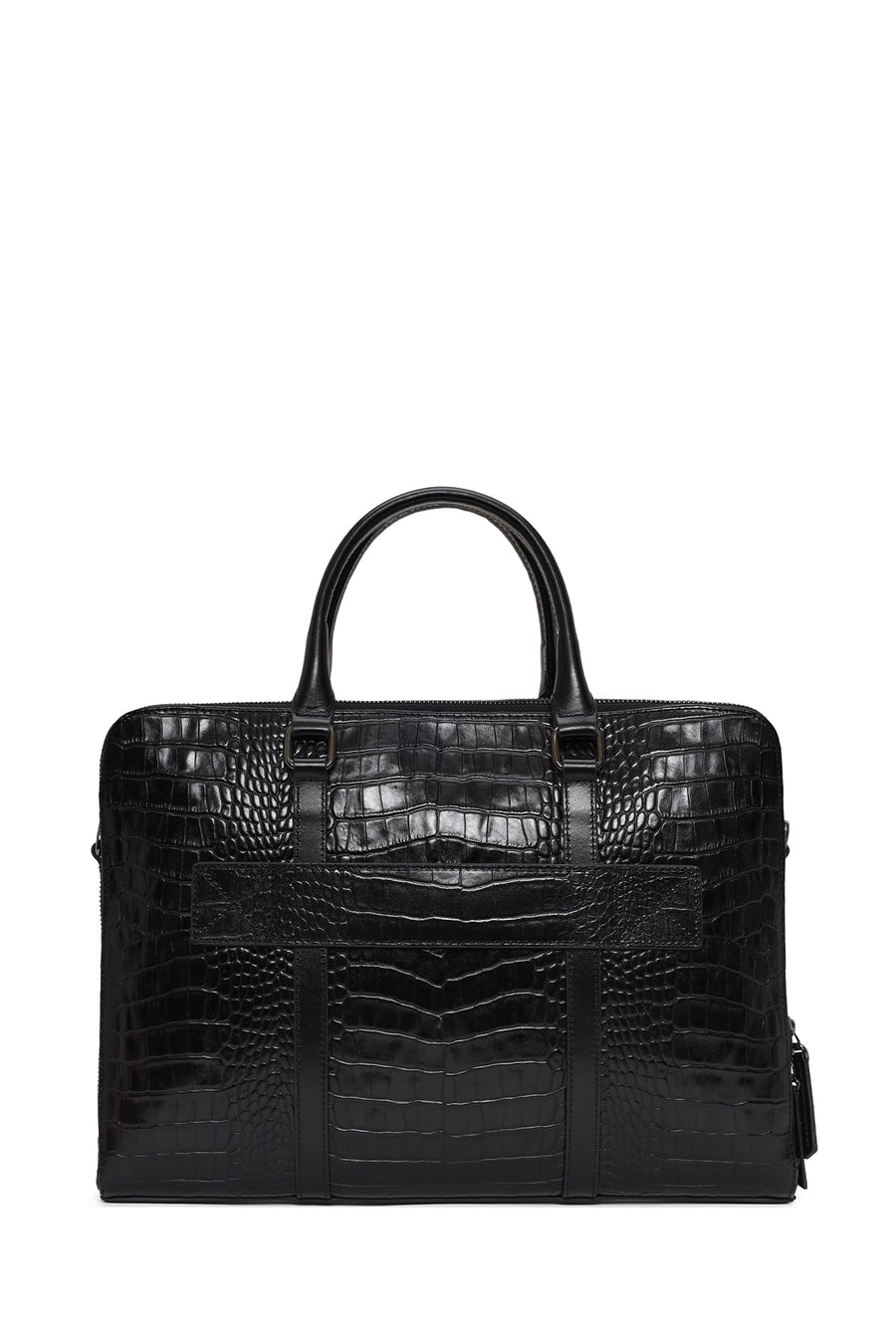 Unisex Black Long Strap Crocodile Pattern Leather Briefcase
