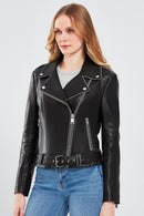 Angel Women's Black Biker Leather Jacket | Derimod