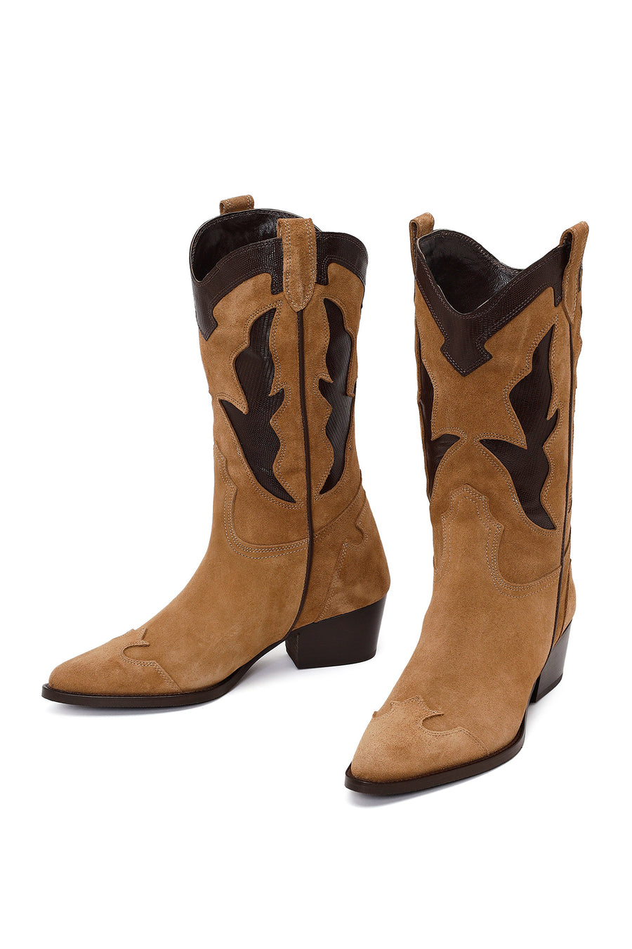 Woman Tan Chunky-Heel Suede Leather Cowboy Boots