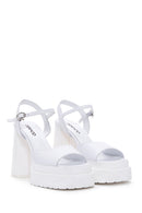 Women's White Leather Plaftorm Thick Heeled Sandals | Derimod