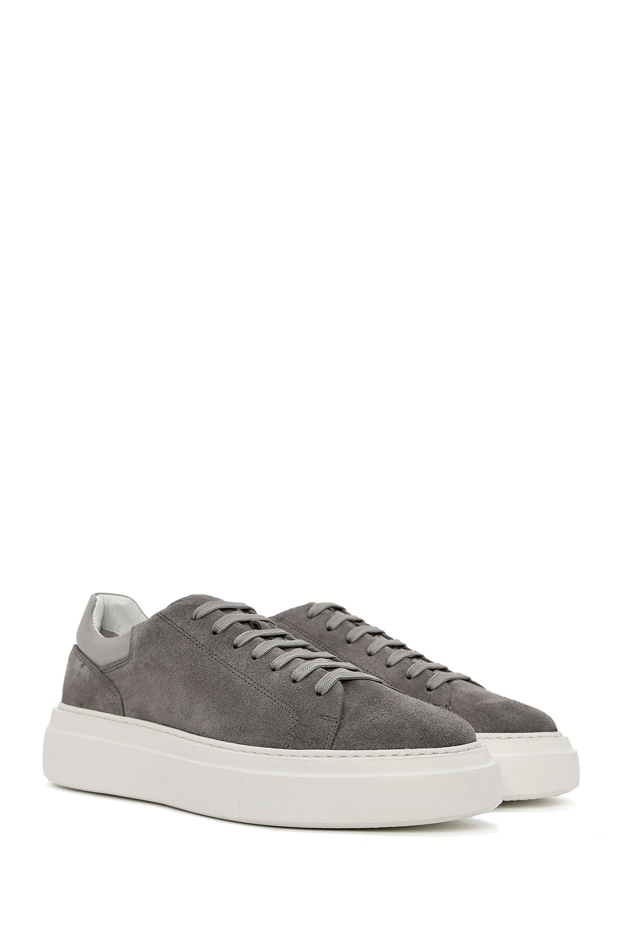 Men's Grey Lace-Up Thick-Sole Suede Leather Sneakers