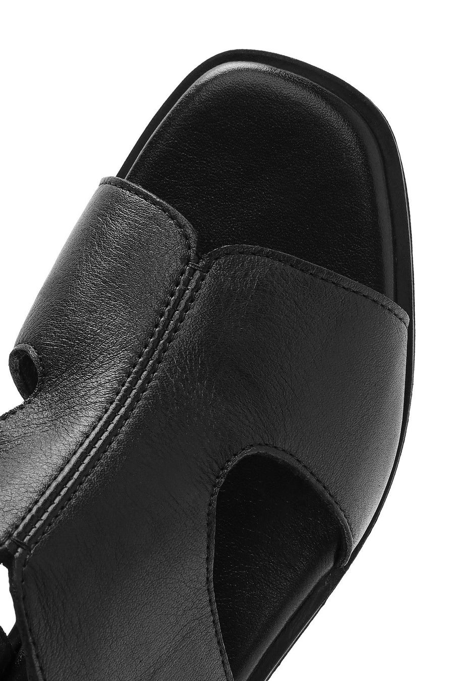 Women's Black Wedge Heeled Leather Sandals