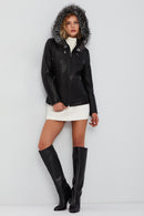 Audrey Women's Black Hooded Fur Leather Coat | Derimod