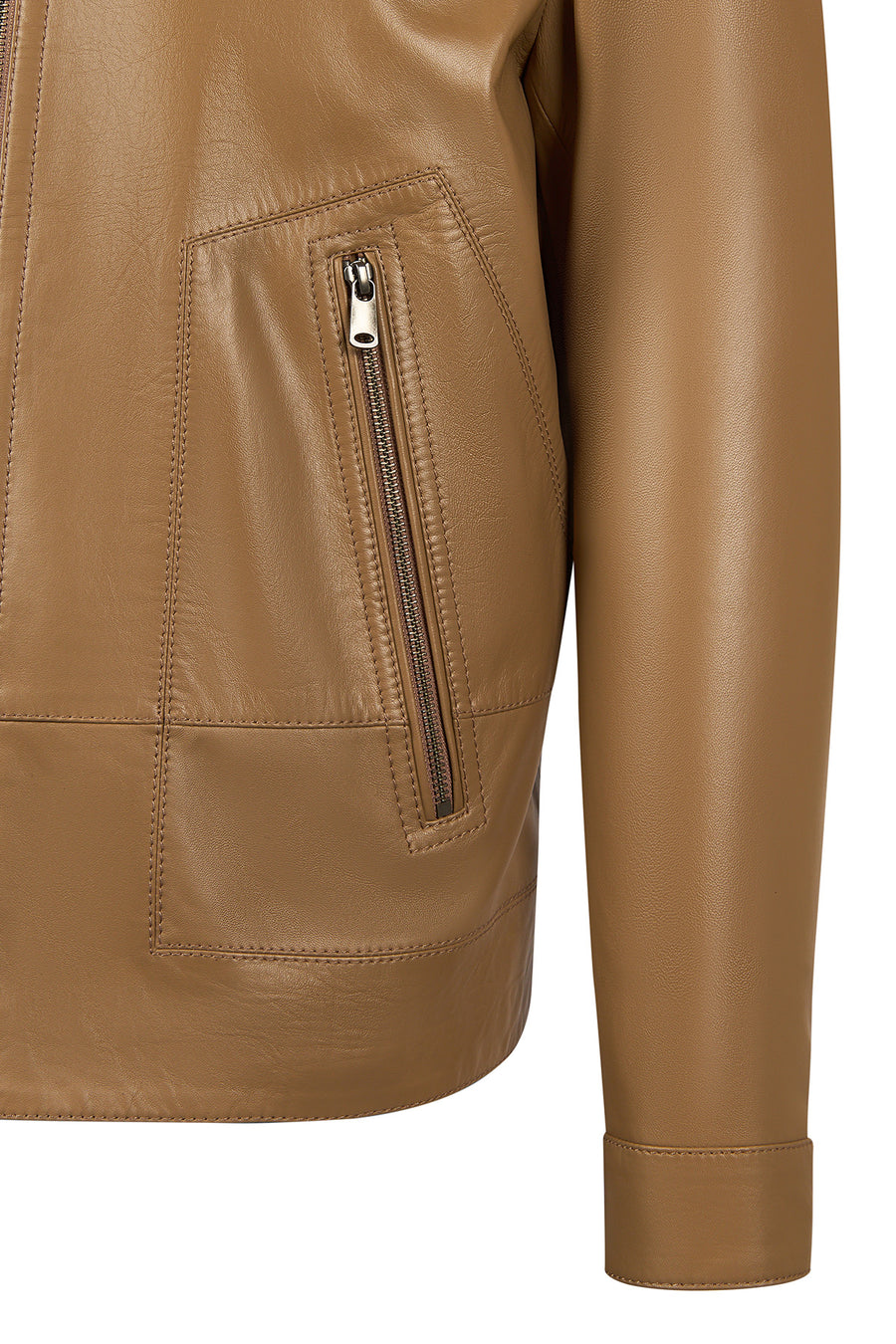 King Male Beige Mandarin Collar Leather Jacket