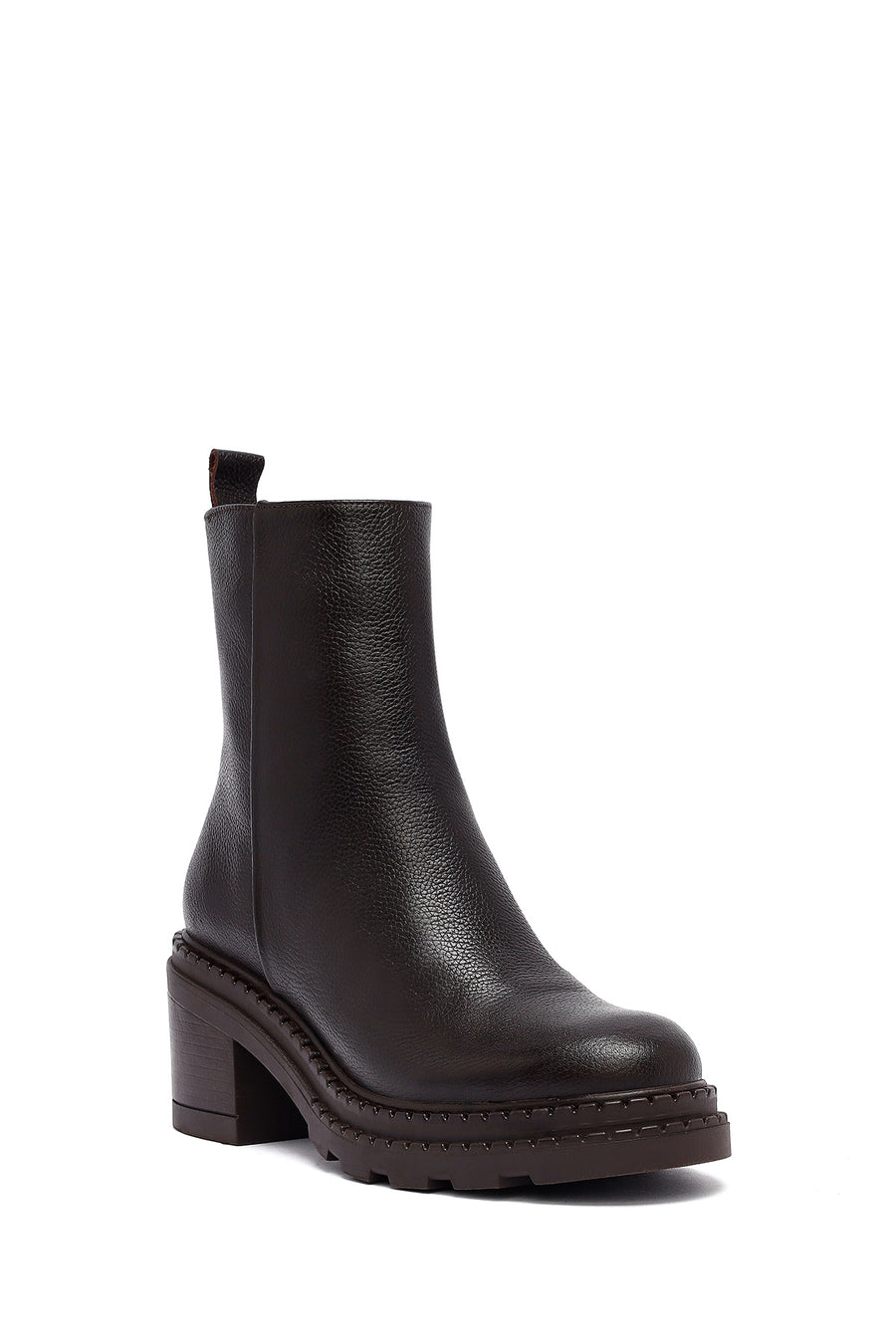 Woman Brown Zip Closure Chunky Heeled Leather Boots