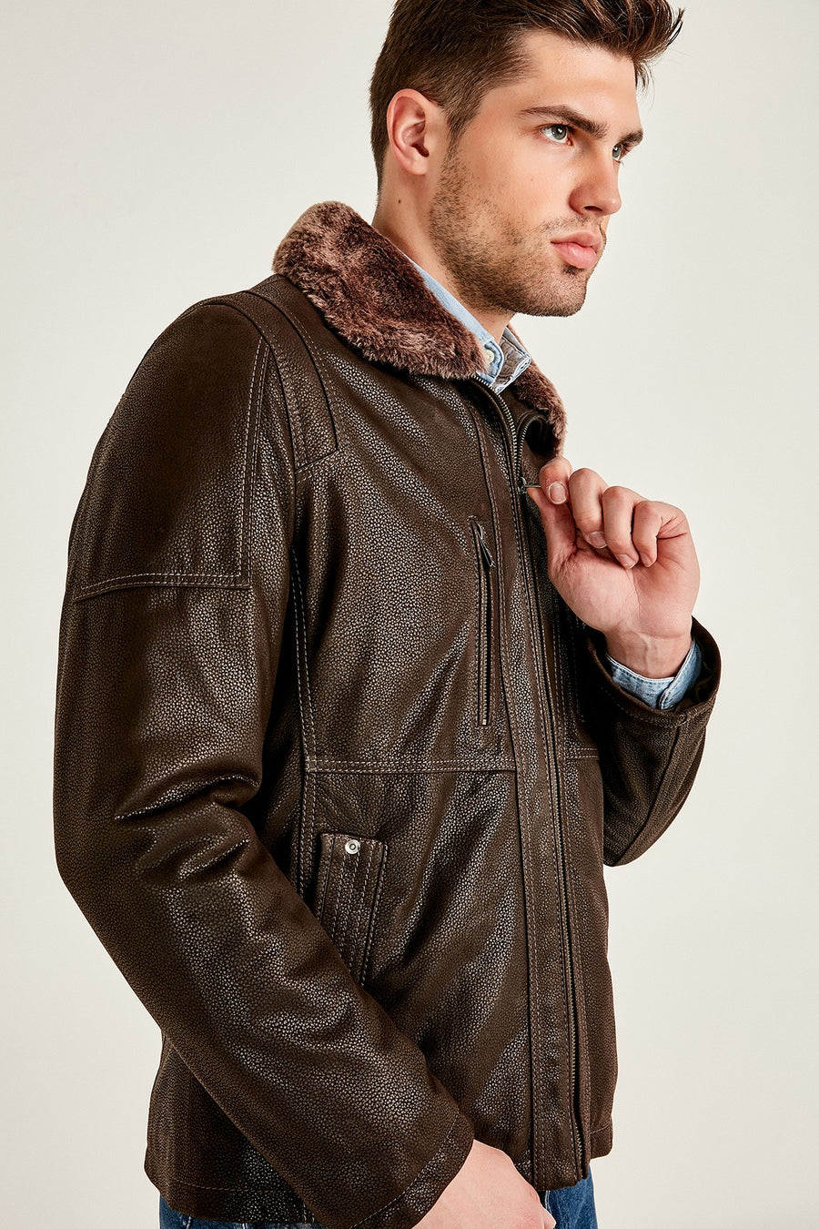 Angelo Men's Brown Leather Jacket with Fur Collar