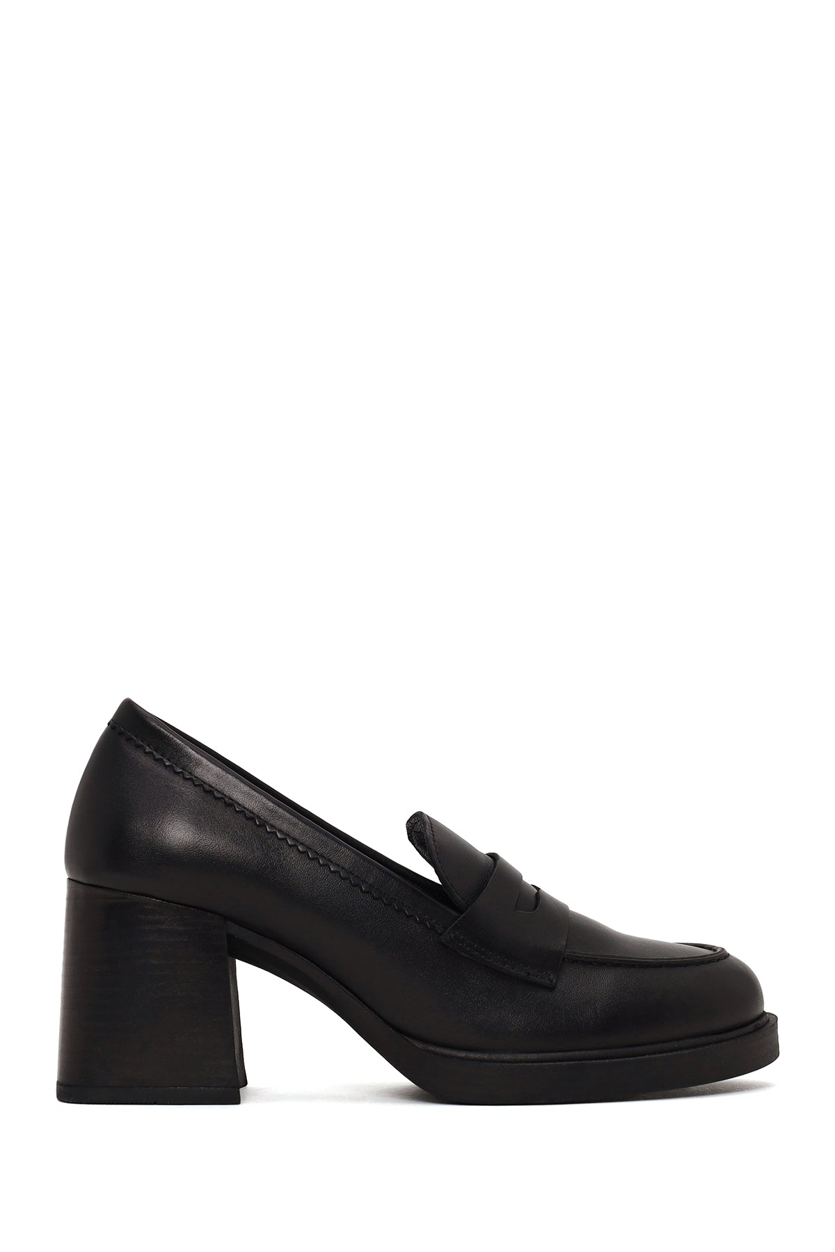 Woman Black Thick-Heeled Leather Loafer AF170022DS | Derimod