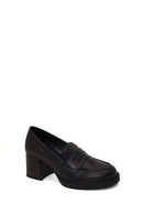 Woman Black Thick-Heeled Leather Loafer | Derimod