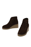 Woman Brown Lace-Up Wedge-Heel Suede Boots | Derimod