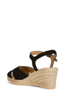 Geox Women Black Gelsa Low Ankle Buckle Wedge Heel Suede Leather Sandal | Derimod