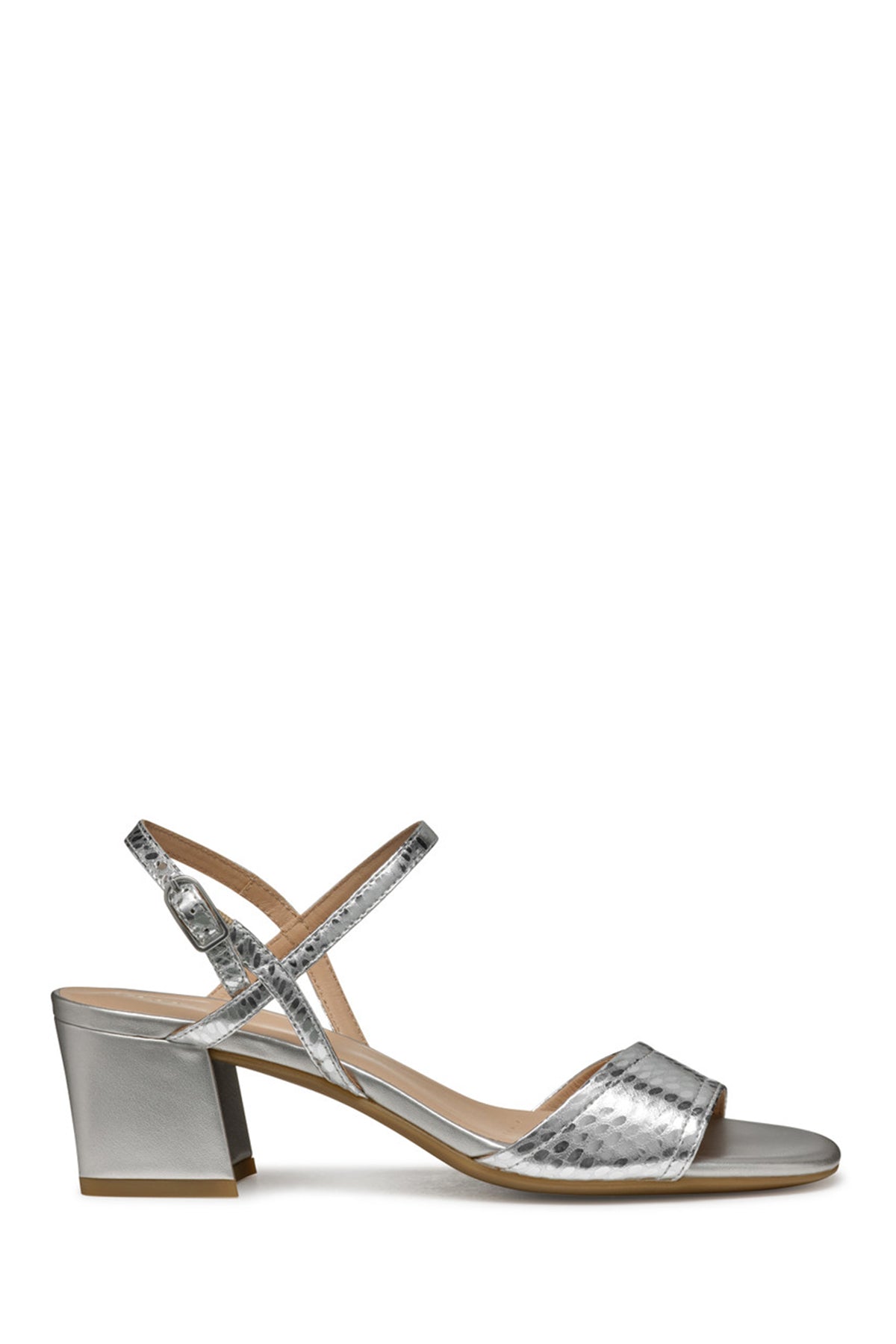 Geox Women Silver New Eraklia 50 Ankle Buckle Thick Heeled Metallic Leather Sandal D45RNB000KYC1007 | Derimod