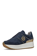 Geox Women Navy Low-Top Lace-Up Thick Sole Suede Leather Sneaker | Derimod