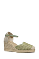 Geox Women Green Gelsa Low Ankle Buckle Wedge Heel Braided Leather Espadrille | Derimod