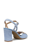 Geox Women Blue New Eraklia 80 Ankle Buckle Thick Heel Suede Leather Sandal | Derimod