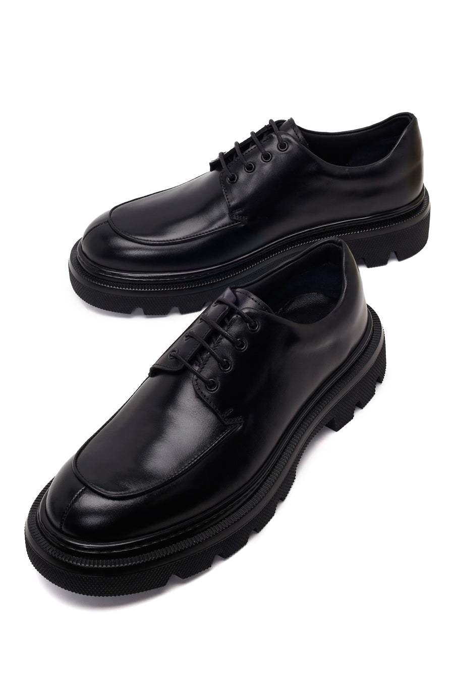 Male Black Lace-Up Thick-Soled Leather Casual Shoes