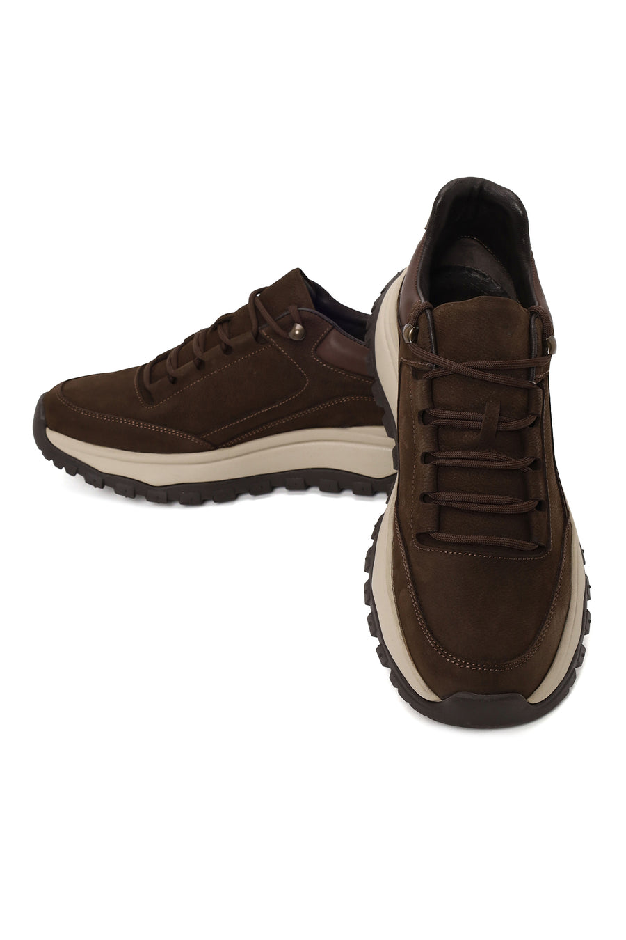 Erkek Kahverengi Bağcıklı Kalın Tabanlı Nubuk Deri Casual Sneaker