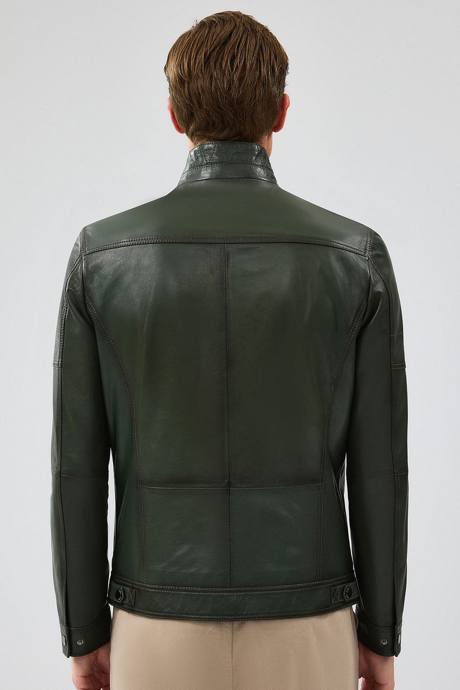 Wade Erkek Haki Slim-Fit Deri Mont
