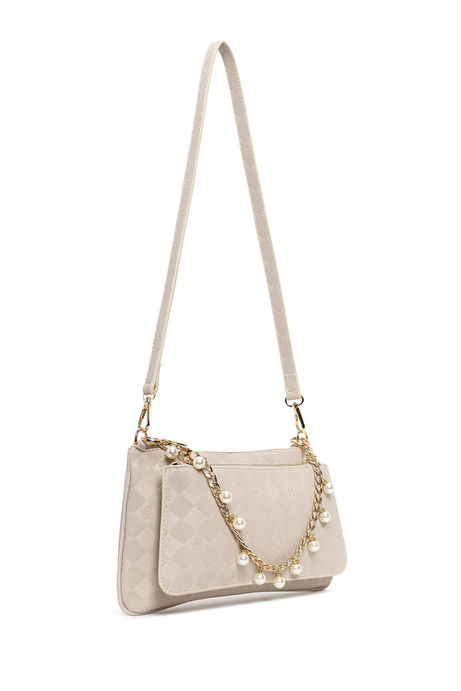 Woman Cream Long Strap Printed Clutch Bag