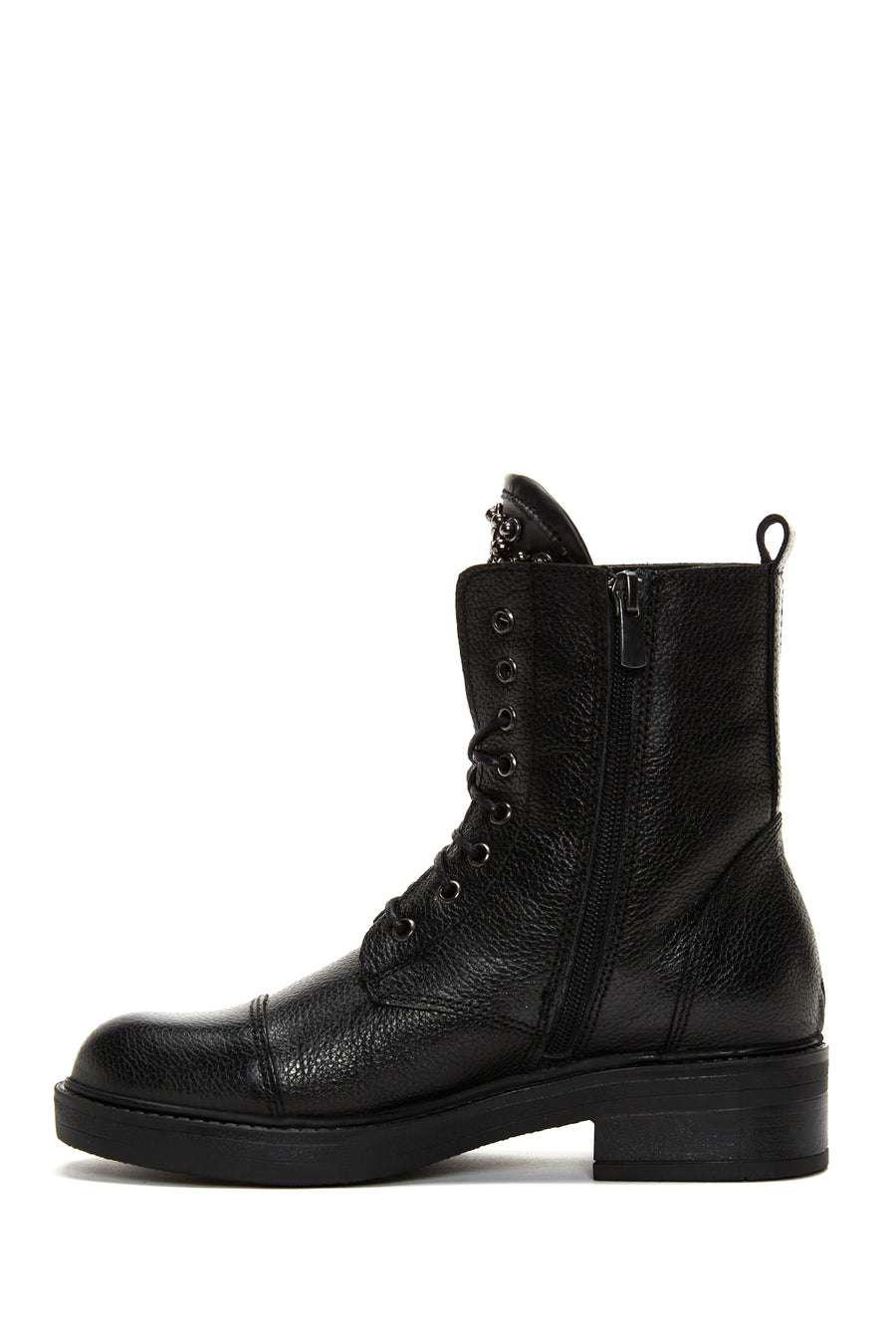 Women's Black Leather Zippered Stone Flat Boots
