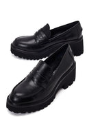 Woman Black Chunky-Heeled Leather Masculine Loafer | Derimod