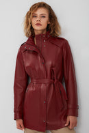 Whitney Women's Burgundy Long Leather Jacket | Derimod