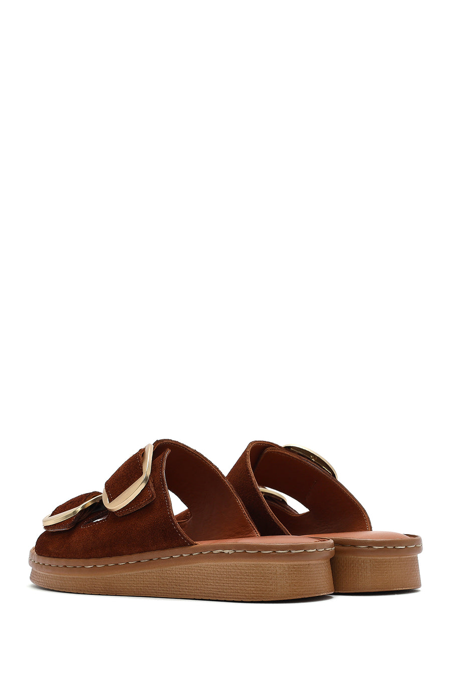 Woman Tan Buckled Suede Leather Comfort Slippers