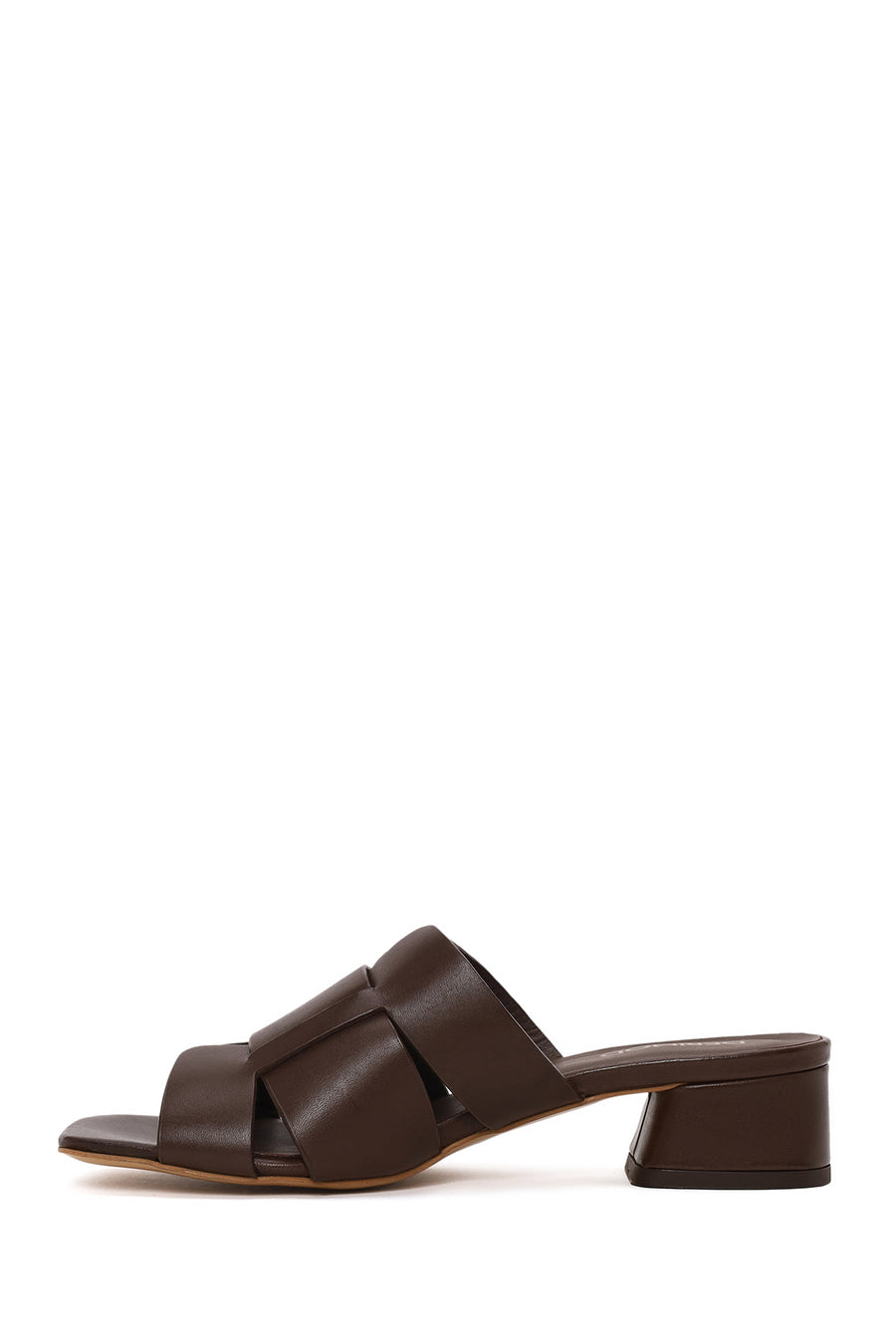 Kadın Kahverengi Kısa Kalın Topuklu Deri Terlik