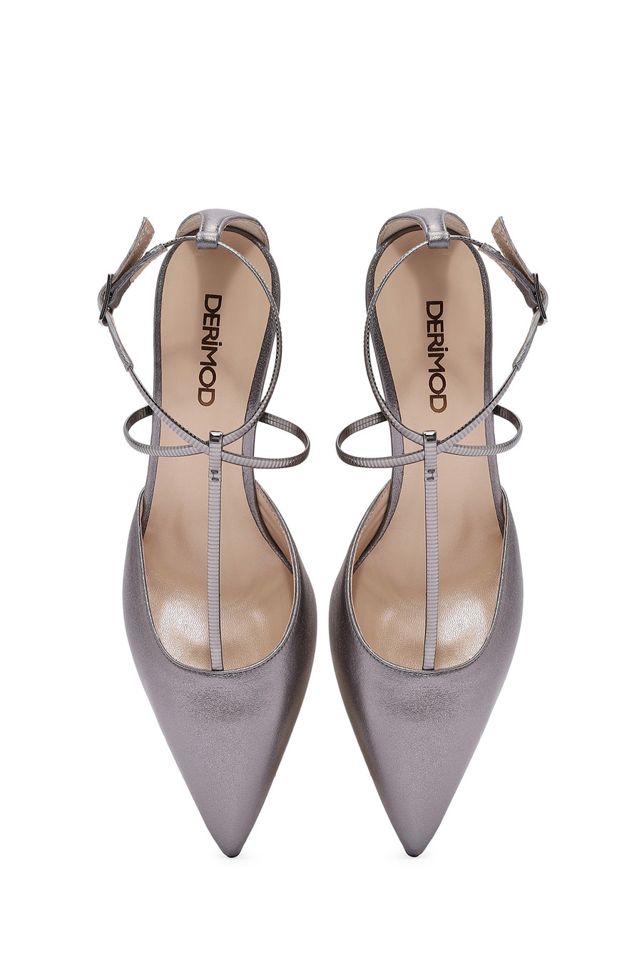 Women's Grey Ankle Strap Thin Heel Metallic Leather Shoes
