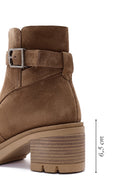 Women's Brown Zippered Thick Heel Suede Leather Boots | Derimod