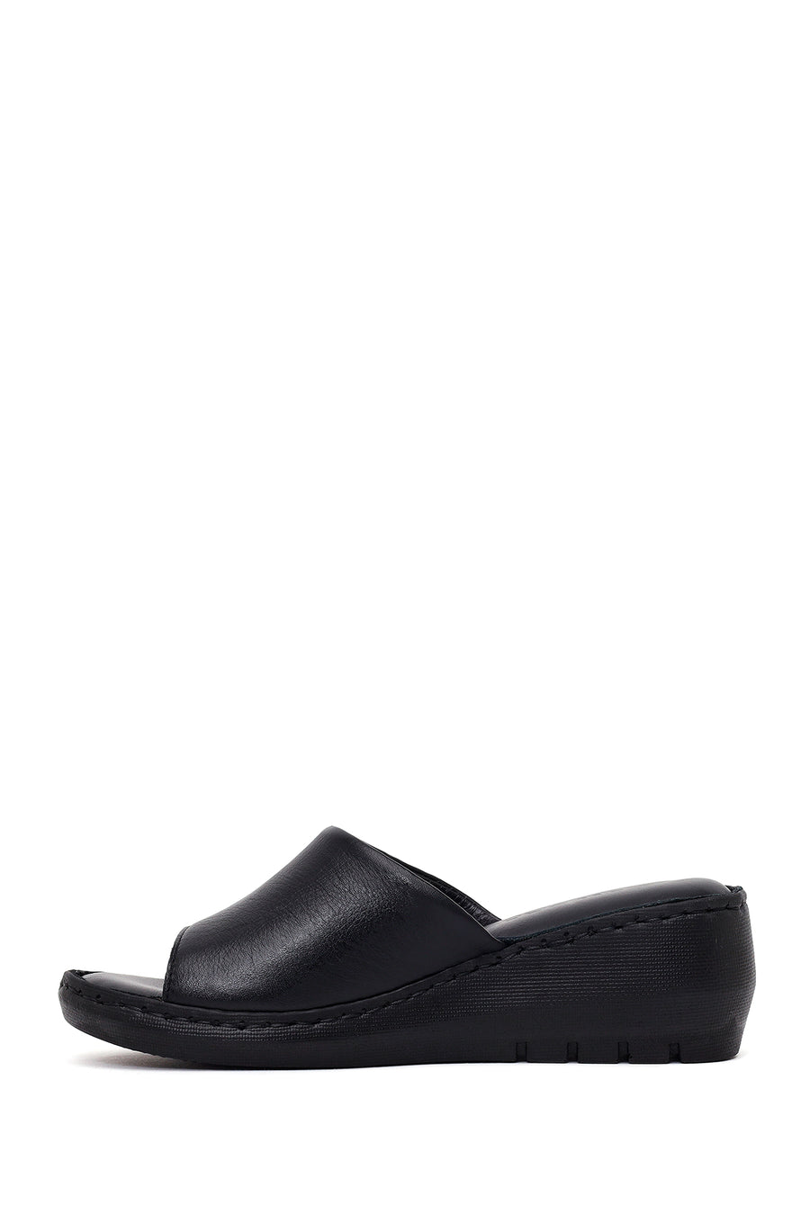 Woman Black Wedge Heel Leather Comfort Slipper