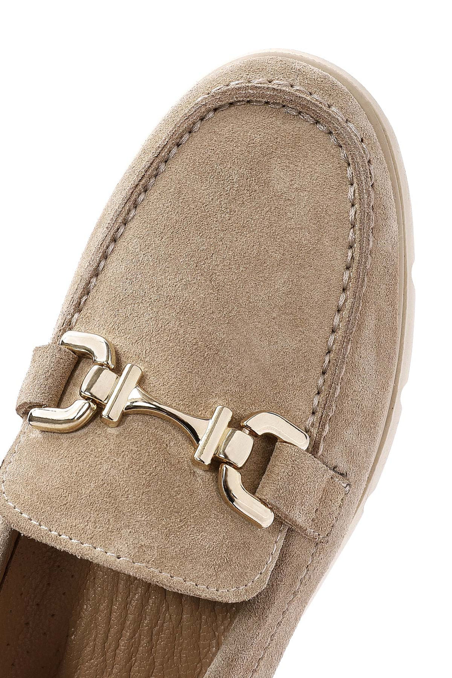 Women's Beige Buckle Detailed Suede Leather Comfort Loafer