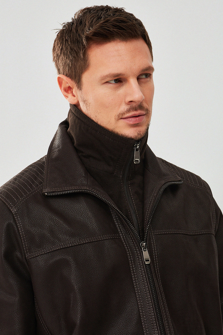 Roberto Men's Brown Double Collar Leather Jacket