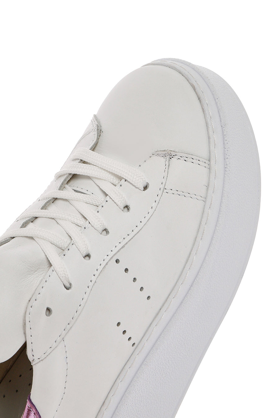 Women's White Lace-up Thick-Sole Leather Sneaker