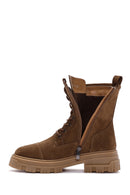 Women's Tan Thick Soled Zippered Suede Leather Boots | Derimod