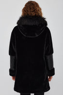 Virginia Women's Black Hooded Long Teddy Coat | Derimod