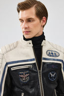 Takeoff Men's Black Leather Jacket with Emblem | Derimod