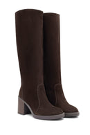 Woman Brown Zippered Chunky Heel Suede Leather Boot | Derimod