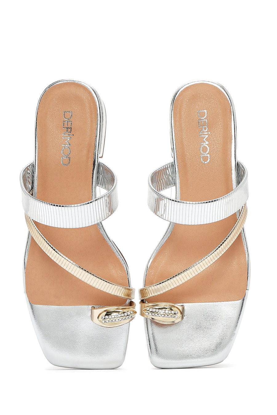 Woman Gray Stone-Embellished Metallic Slipper