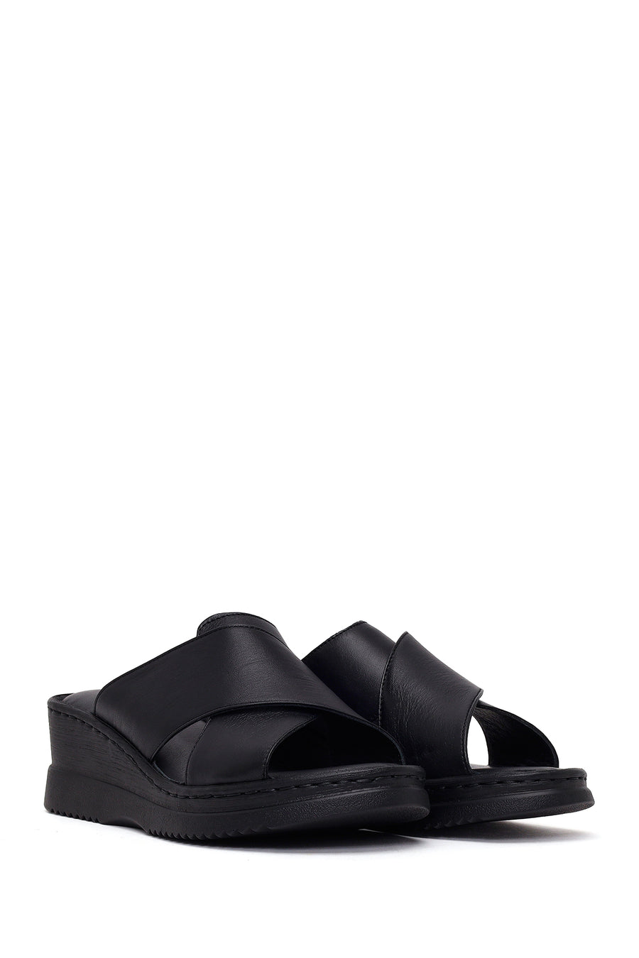 Women's Black Thick Soled Leather Comfort Slippers