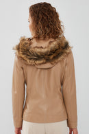 Monica Women's Beige Hooded Leather Coat with Fur Collar | Derimod