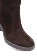 Woman Brown Zippered Chunky Heel Suede Leather Boot | Derimod