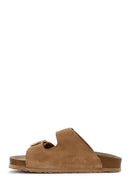 Women's Tan Suede Leather Double Buckle Flat Slippers | Derimod