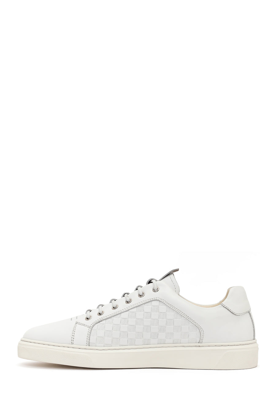 Male White Lace-Up Patterned Leather Sneaker