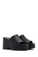 Women's Black Wedge Heeled Leather Slippers | Derimod