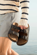 Men's Khaki Double Buckle Nubuck Leather Slippers | Derimod