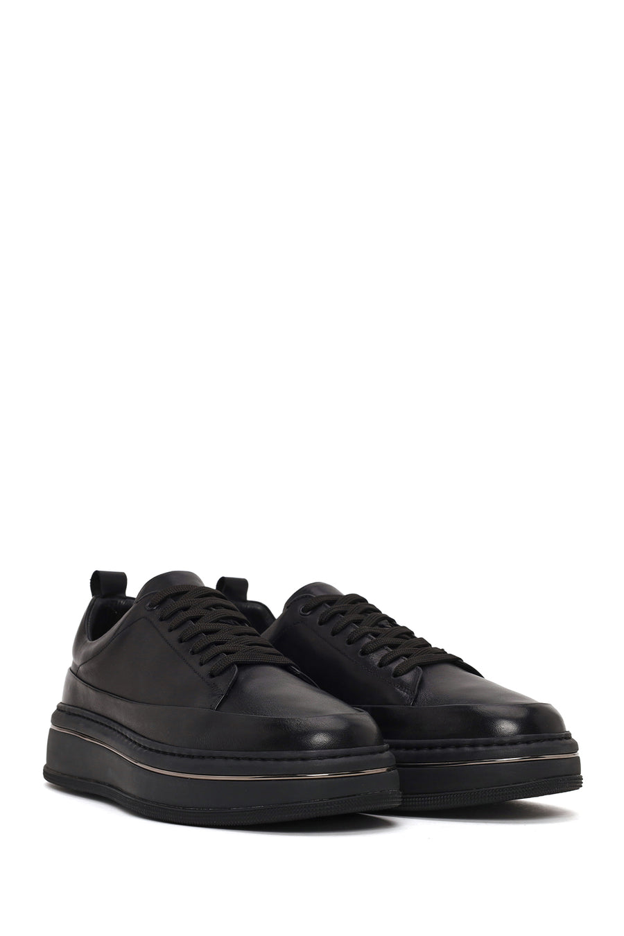 Male Black Lace-Up Thick-Soled Leather Sneaker