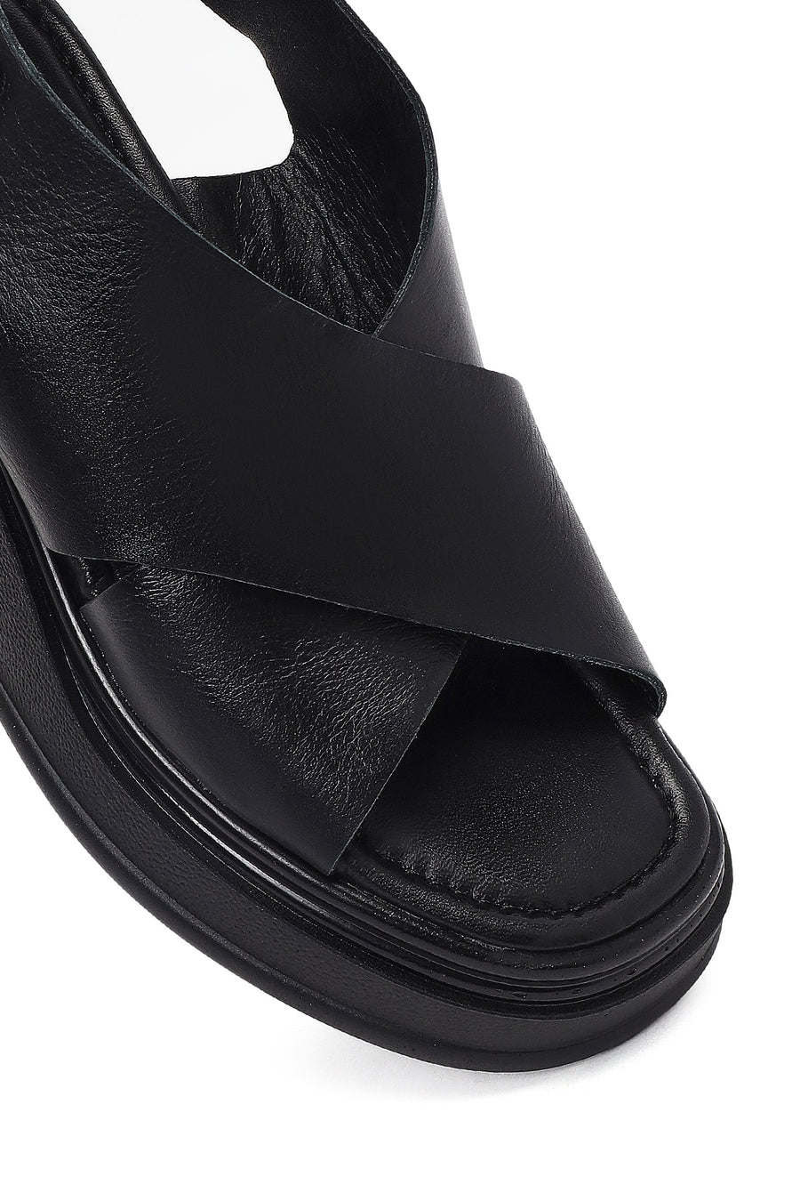Women's Black Strapped Wedge Heel Leather Sandals