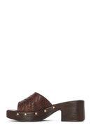 Women's Brown Patterned Short Chunky Heel Leather Slippers | Derimod