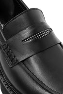 Women's Black Stone Detailed Leather Masculine Loafer | Derimod