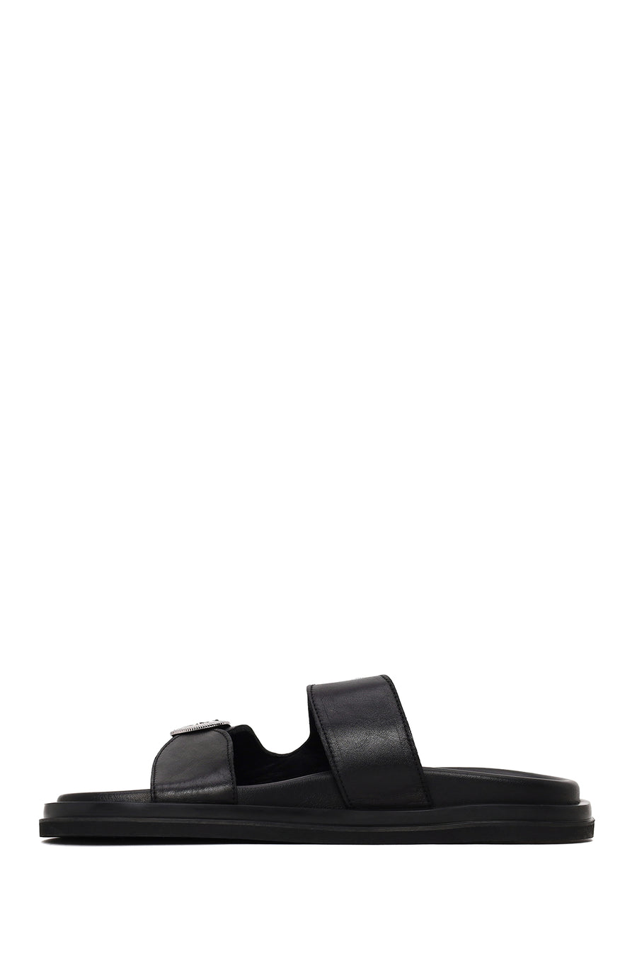 Woman Black Double-Buckle Leather Slipper